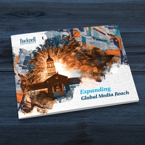2024 Cover of Bucknell Breaks New Media Ground booklet showing the library clocktower in Bucknell colors.